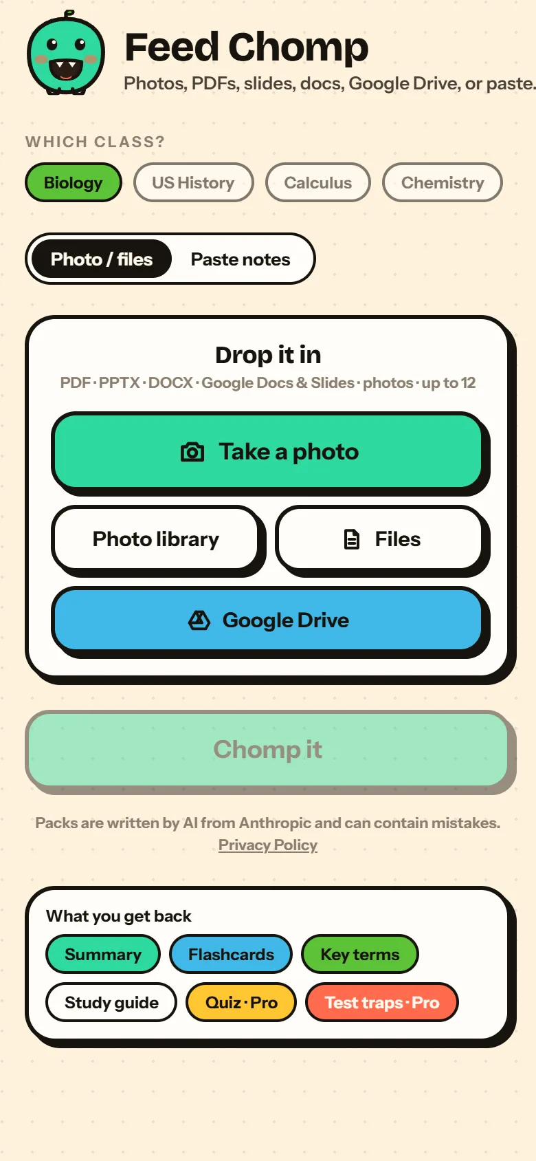 The Feed Chomp screen, with buttons for the camera, photo library, files and Google Drive