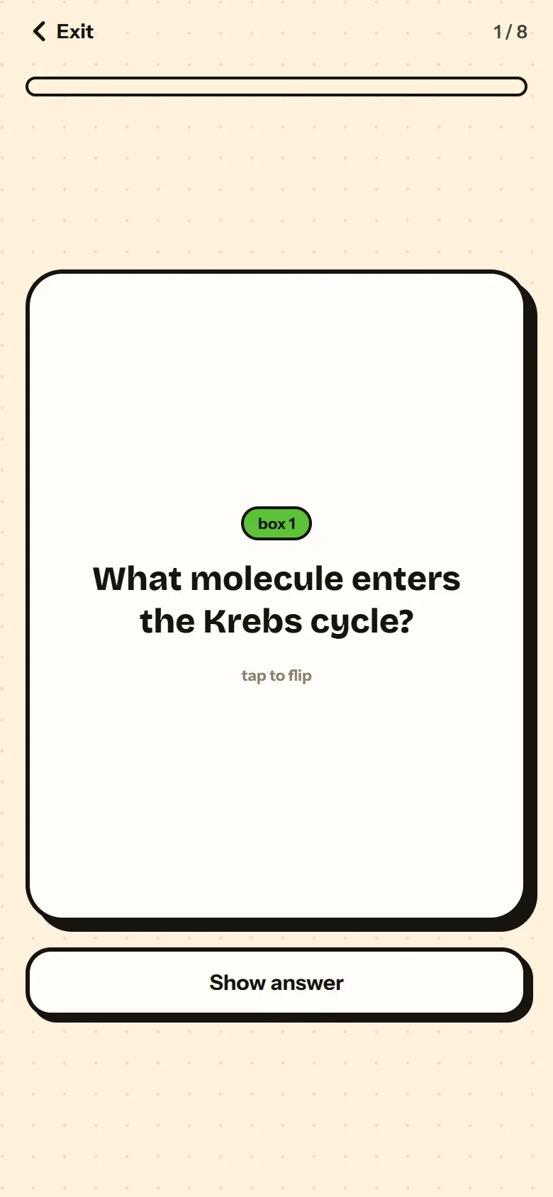 A flashcard asking which molecule enters the Krebs cycle, sitting in box 1