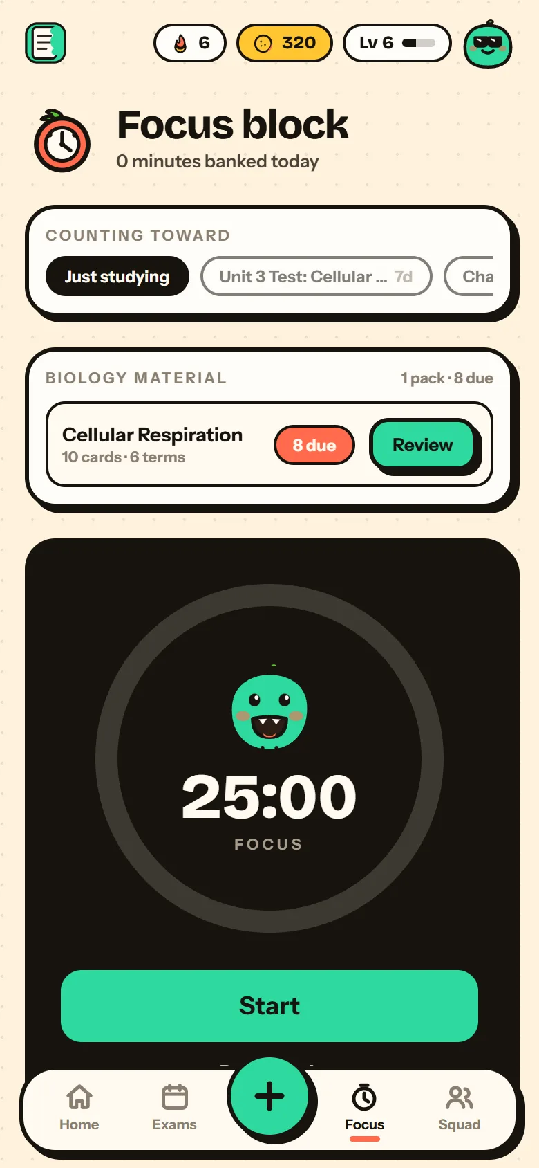 The focus timer with Pomo the tomato and a choice of ambient sounds