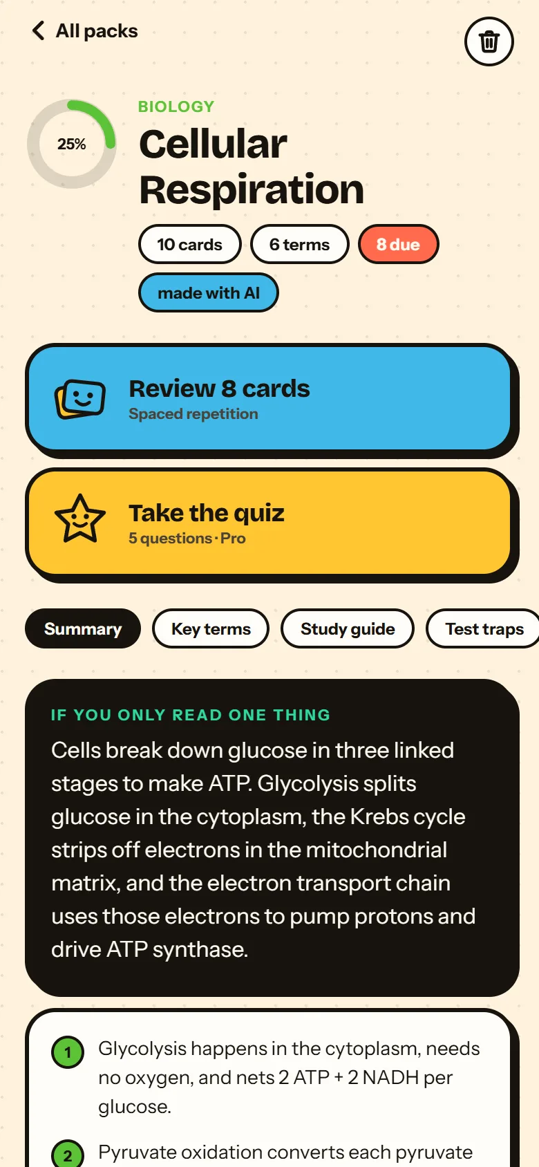 A study pack for Cellular Respiration with a quick summary, key terms, a study guide and test traps