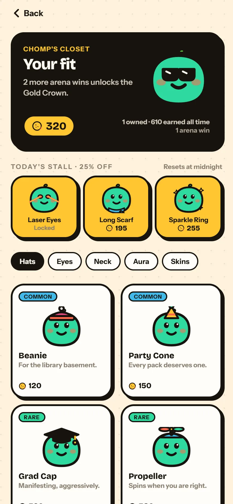 The crumb shop, where Chomp tries on hats, glasses and skins bought with crumbs